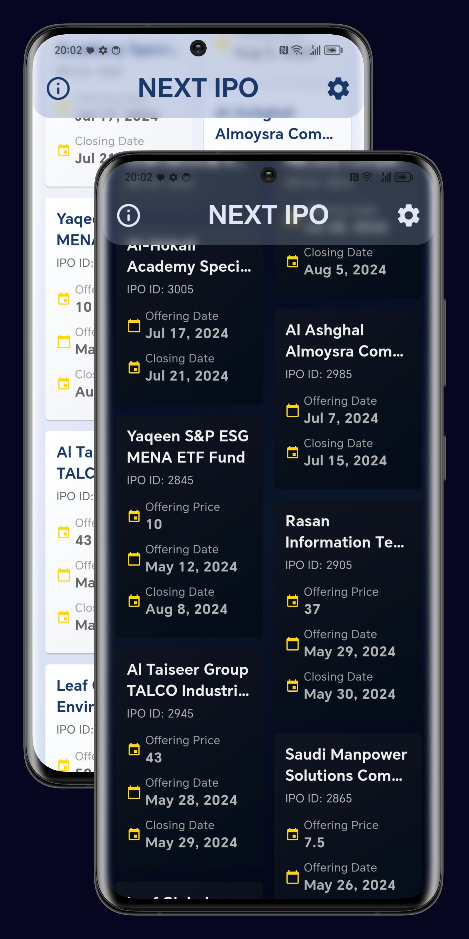Screenshot of the NEXT IPO app showcasing the main screen